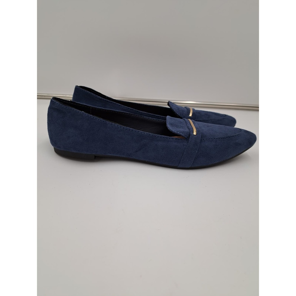 Obataom Blue faux suede flats w/ Goldtone strap decor Pointy Toe 9